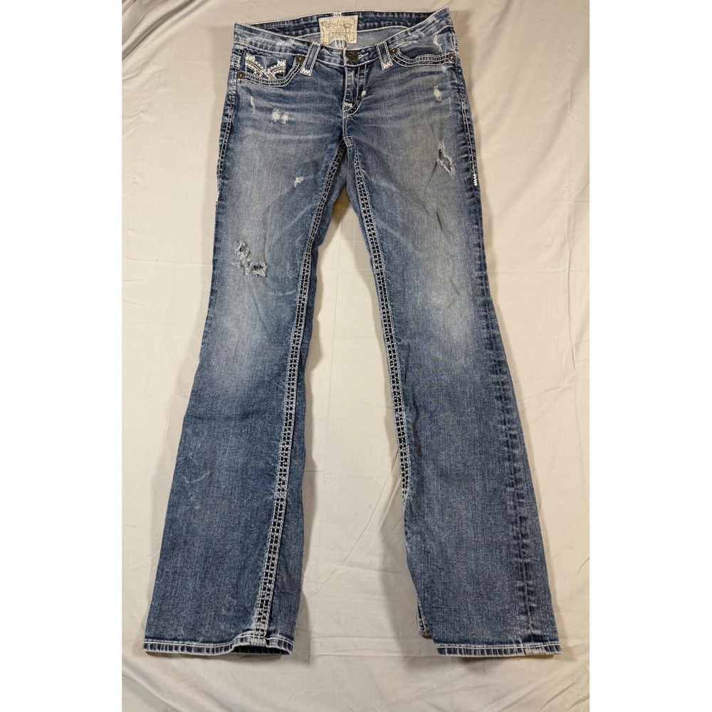 Big Star Liv Bootcut Jeans Womens 27R Medium Wash Distressed Thick Stitch Denim